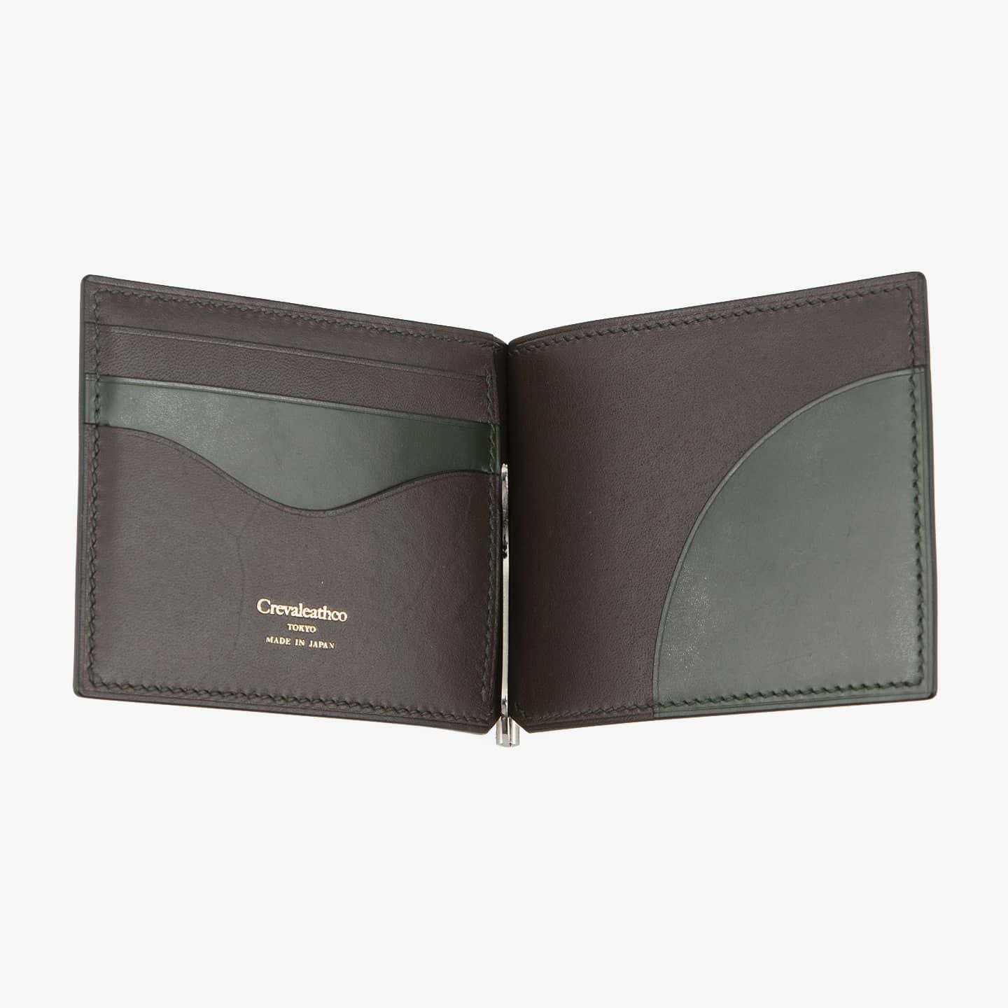 外装・装飾（ブライドル）：Green、内装（国産牛革）：Dark Brown、金具：Silver、小銭入れ（外装背面）：有