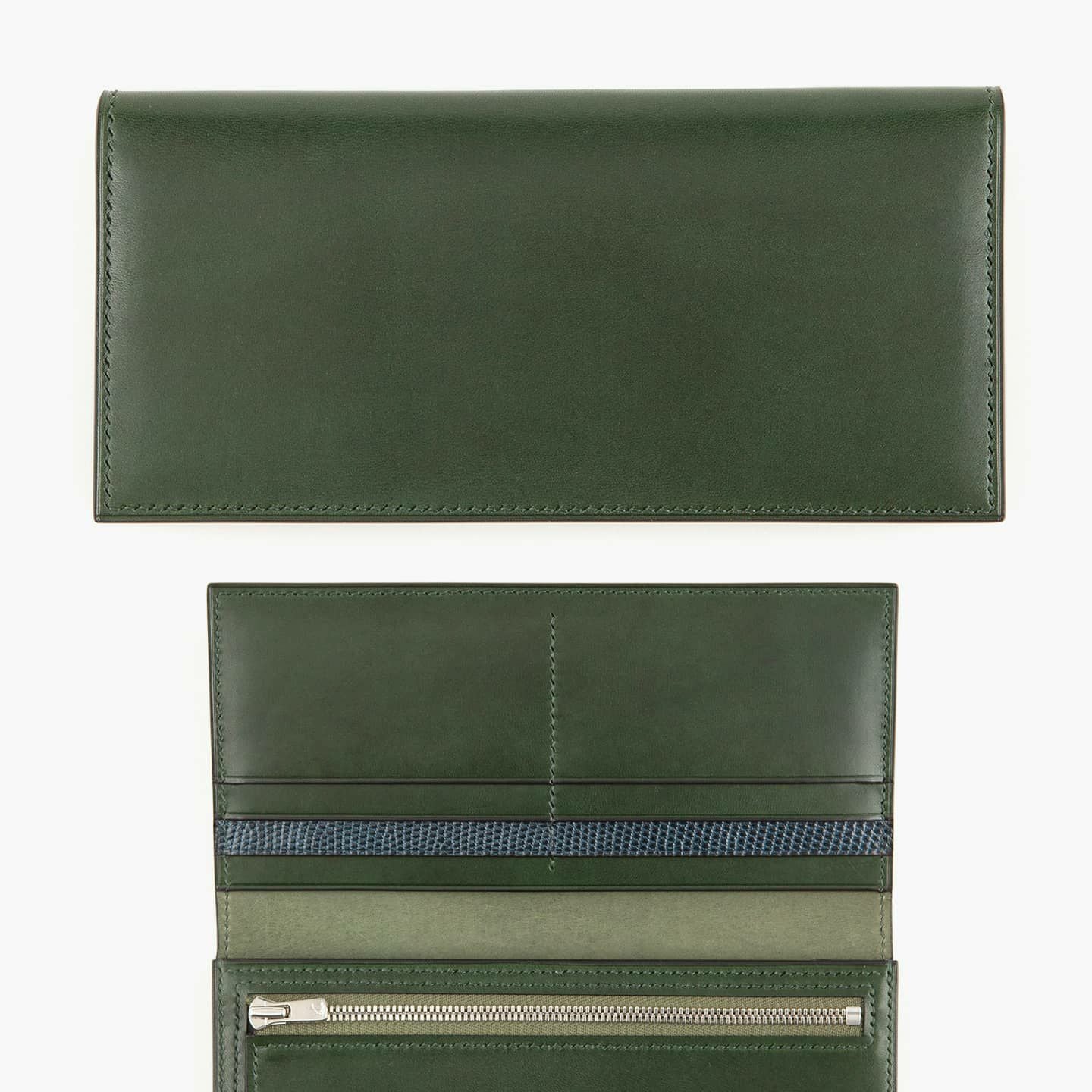 外装（ブリランテ）：Green、内装（ブリランテ）：Green、装飾（リザード）：Navy、ファスナー：Silver