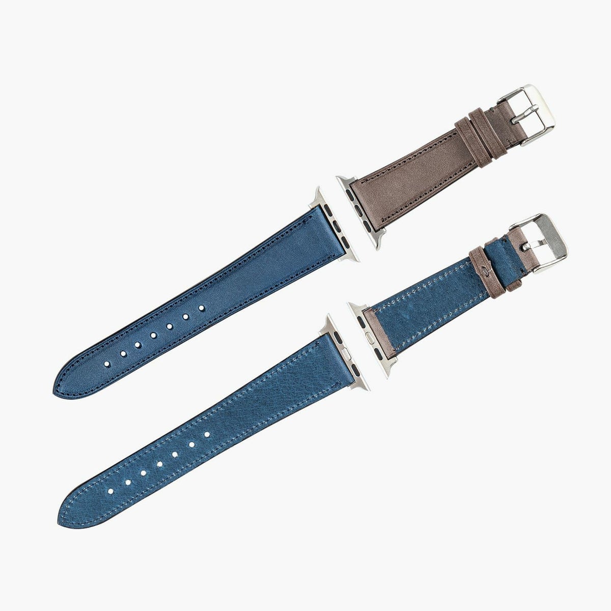 Apple Watch ケースサイズ：42 - 49 mm、腕周りサイズ：ML、表面 親（ロロマ）：Grigio、糸色（親）：Grigio、表面 剣先（ロロマ）：Blue、糸色（剣先）：Blue、裏面（豚革）：Blue、アダプター ＆ 尾錠：Silver