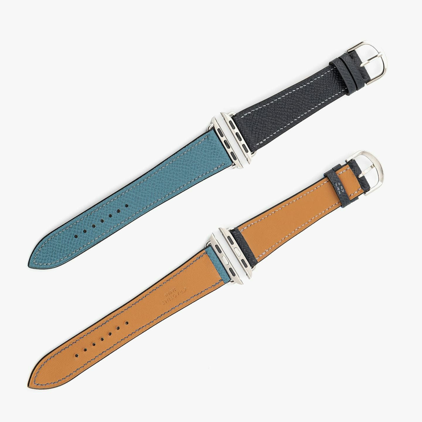Apple Watch ケースサイズ：38 - 41、腕周りサイズ：SM、表面 親（ダービー）：Navy Blue、糸色（親）：Seagul Ash、定遊革（ダービー）：Navy Blue、表面 剣先（ダービー）：Jeans Blue、糸色（剣先）：Mouse Gray、アダプター ＆ 尾錠：Silver
