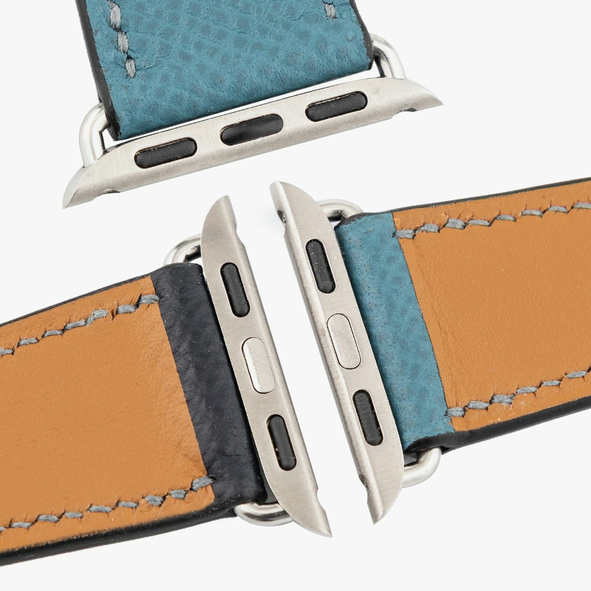 Apple Watch ケースサイズ：38 - 41、腕周りサイズ：SM、表面 親（ダービー）：Navy Blue、糸色（親）：Seagul Ash、定遊革（ダービー）：Navy Blue、表面 剣先（ダービー）：Jeans Blue、糸色（剣先）：Mouse Gray、アダプター ＆ 尾錠：Silver