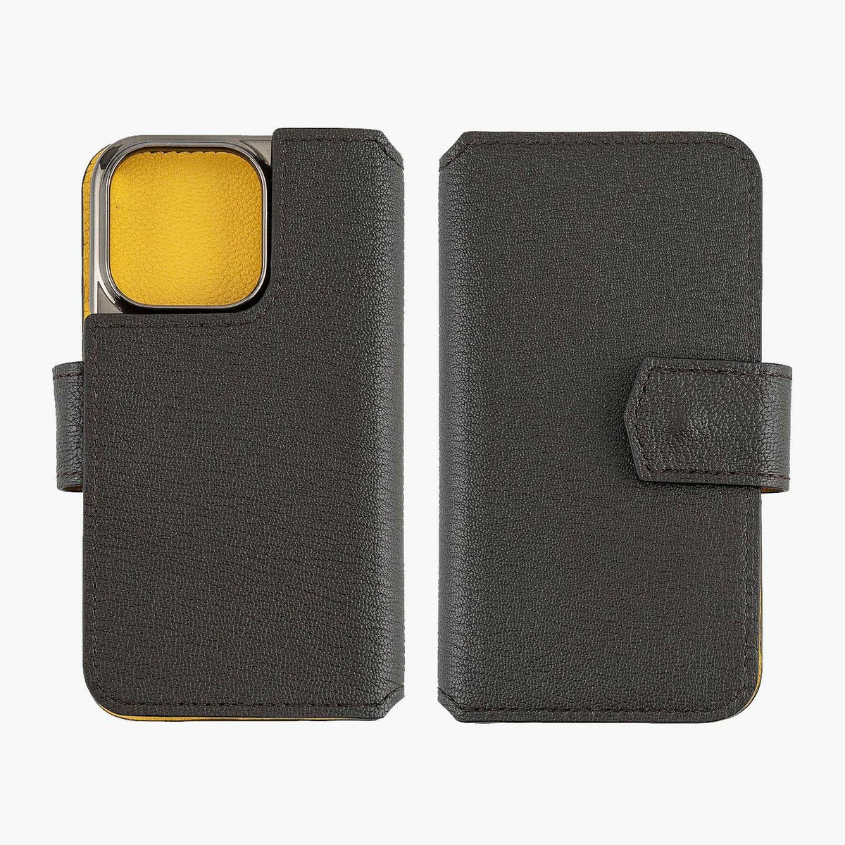 iPhoneの機種：iPhone 15 Pro、外装（シェーブル）：Dark Brown（Terre Brulee）、外装（シェーブル）：Yellow（Soleil）、フラップ（ホック式）：有